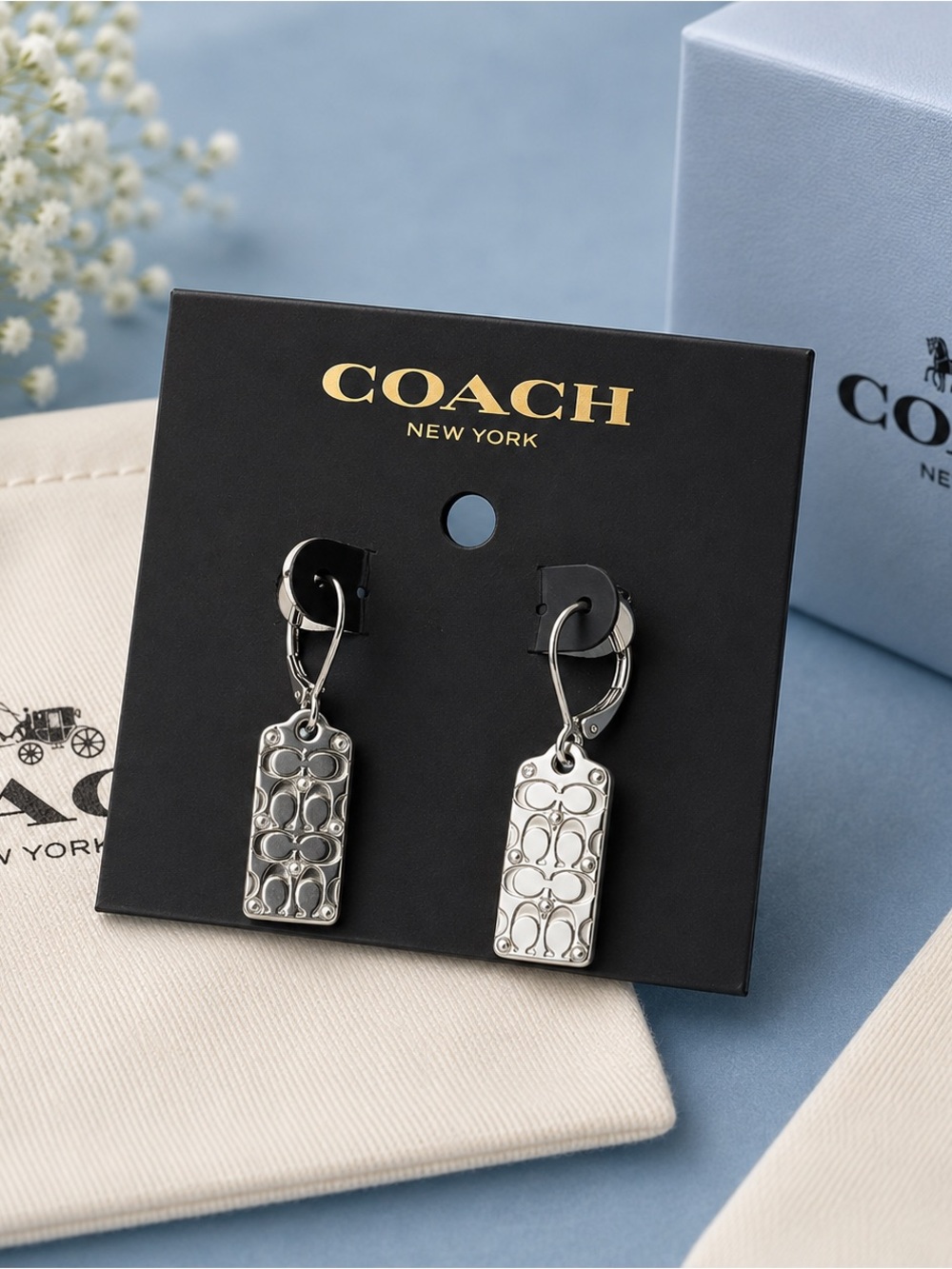 COACH Silver Signature Rectangle Tag Drop Earrings